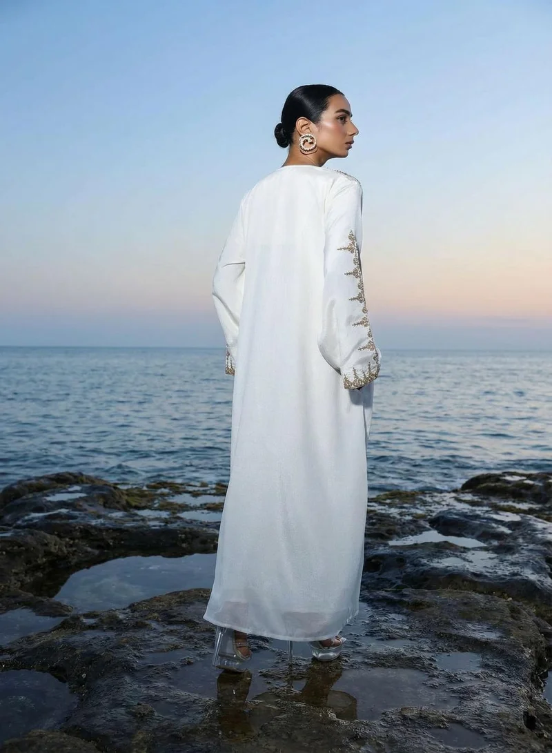 Ishin  Cream Floral Zari Embroidered Brocade Abaya for Women | Best Price UAE